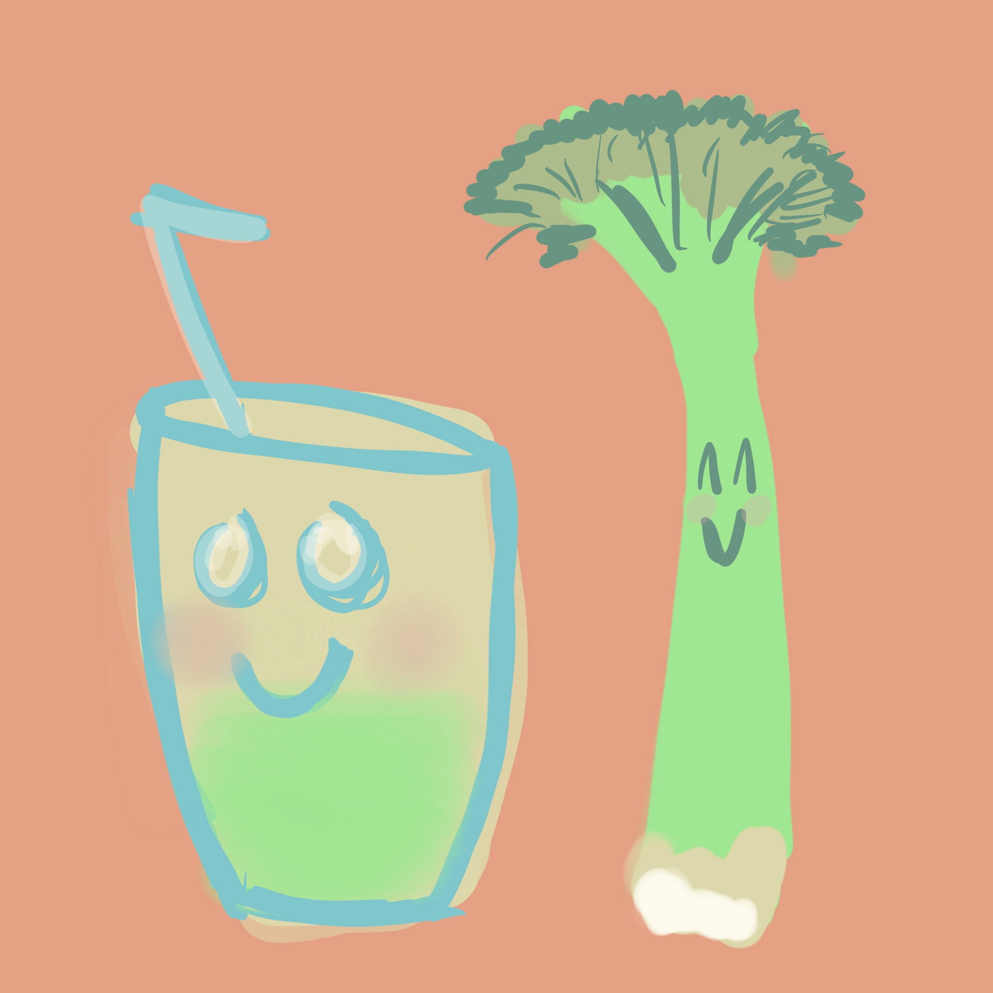 Illustration of a cheerful green smoothie in a glass with a straw and a cheerful stalk of celery